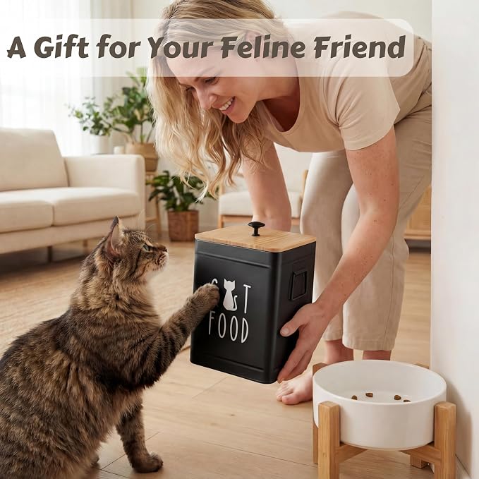 PERFNIQUE Cat Food Storage Container, Airtight Cat Treat Container with Bamboo Lid, Pet Food Storage for Kitchen Countertop, Treat Jars for Pets, Cat Food Container (Black, with Spoon)