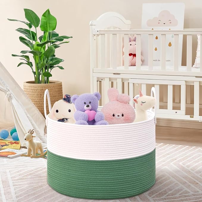 67L Large Woven Blanket Basket, Cotton Rope Baby Laundry Hamper with Handles, Kids Toy Basket for Classroom & Nursery, Soft Round Stuffed Animal Storage, Dog Toy Bin - 20"x13", Green