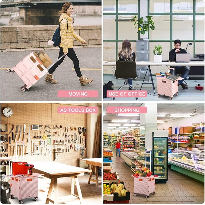 FELICON SELORSS Folding Utility Cart Portable Rolling Crate Handcart-Pink | Magnetic Sliding Lid,Telescoping Handle,Plastic Box Dolly,360°Swivel Wheels for Travel Shop Move Laundry Office Teacher Use