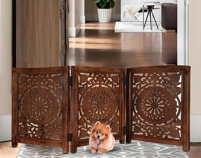 Lightnpro 3‑Panel Wooden Pet Gate – Decorative Carved Foldable Dog Gate, Extra‑Wide Freestanding Indoor Safety Fence for Small Dogs – 24x54 Inch Natural Burnt Finish