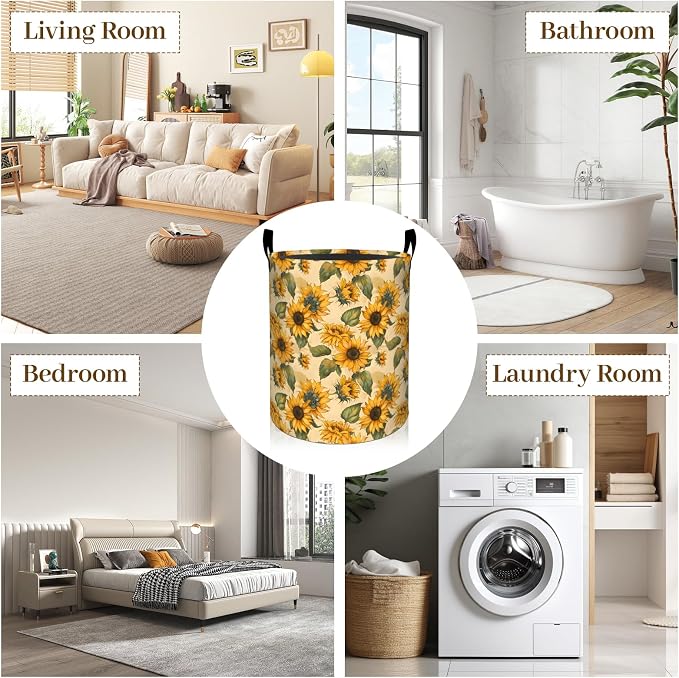 Vibrant Sunflower Laundry Basket, Yellow Floral Foldable Oxford Cloth, Waterproof Dirty Clothes Hamper with Handles, Clothing Storage Bin Toy Organizer for Bedroom Dorm Bathroom, 19.7"x15.7"