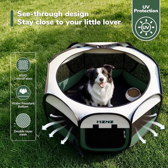 Dog Cat Small Animal Puppy Playpen Crate, Large, Dark Green | Portable Pop Up Pet Cage Enclosure Tent Kennel Indoor Outdoor with Carrying Case, No Assembly, Camping Use