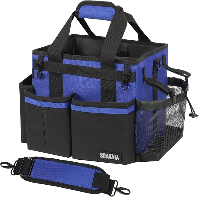 SCAVATA Compact Wearable Cleaning Caddy with Handle & Shoulder Straps | Small Cleaning Supplies Organizer, Under Sink & Car Cleaning Tools Storage Bag for Housekeepers Cleaners, Blue