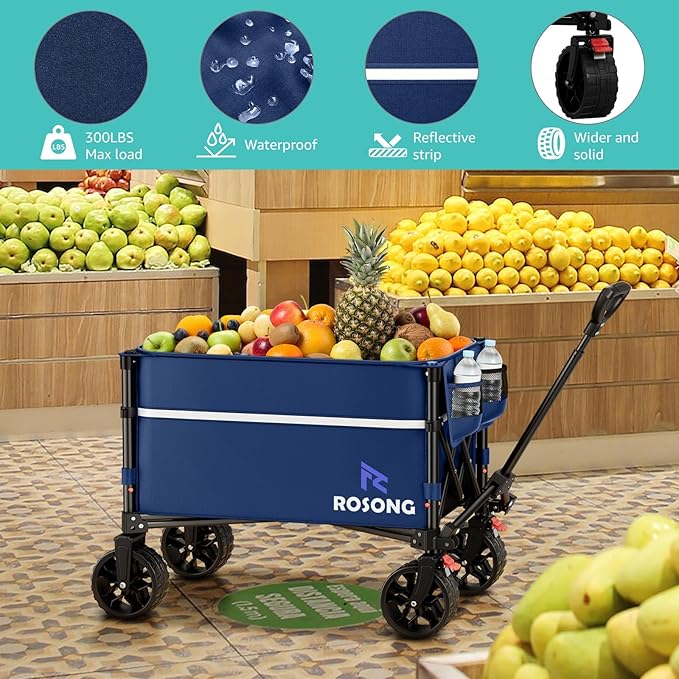 ROSONG Collapsible Wagon Cart with Wheels Foldable - Folding Utility Heavy Duty Wagons Carts for Grocery Sports Garden Shopping Camping Wheelbarrows (120L Dark Blue with Lid)