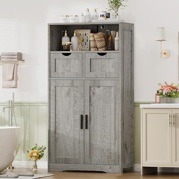 Iwell Storage Cabinet with 2 Drawers & 2 Adjustable Shelves | Kitchen Cabinet, Cupboard, for Living Room, Kitchen, Entryway, Home Office, Grey