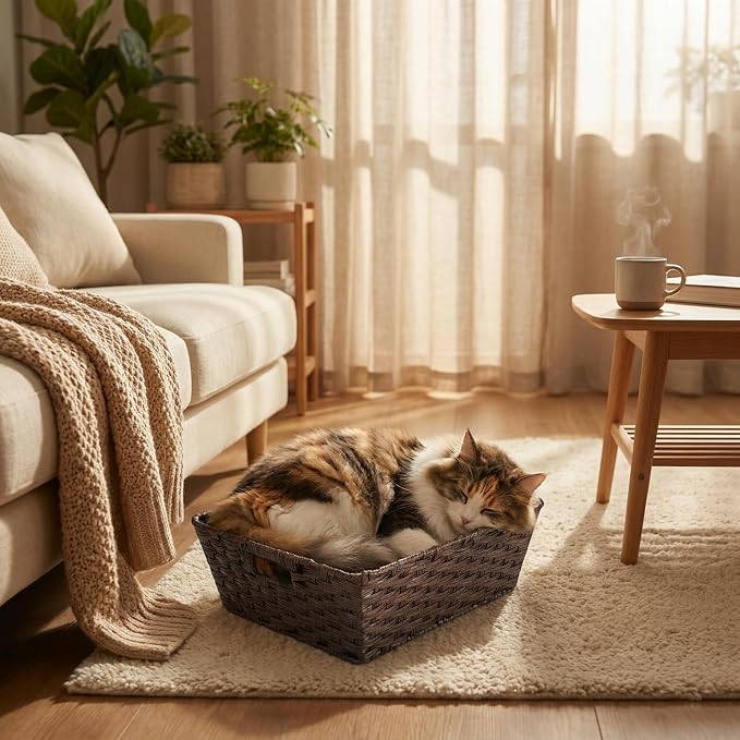 Large 2-Pack Plastic Wicker Storage Baskets, 17"x13"x5.5", Brown | onlytak Woven Baskets for Laundry, Closet, Living Room, Shelf Organization, Cat Bed