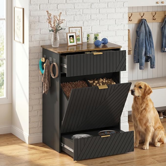 Dog Feeding Station Cabinet, Elevated Feeder Bowl, Black, Classic Panel | Slow Feeder Insert, Large food bin, Removable Divider, 3 Side Hooks, Pull-Out Drawer, Easy to Clean for Small & Middle Dogs