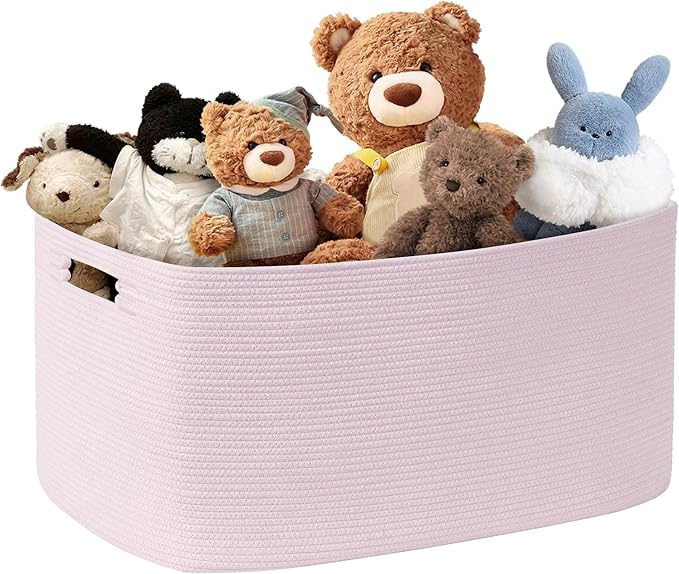 60L Woven Laundry Basket Hamper with Handles, Pink | collapsible wicker hamper, storage for dirty clothes, toys, blankets, gifts, living room, bedroom, bathroom, 21"x15"x11"