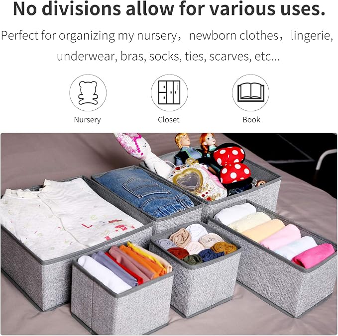 Foldable Underwear Drawer Organizer, Closet Dividers, Storage Box for Clothes, Socks (6 Bins, Gray)