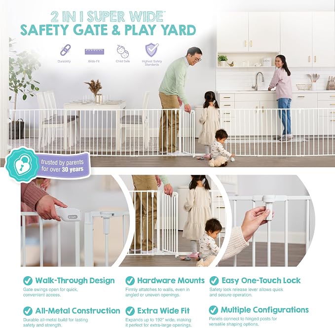 Regalo Safety 24"-192" Metal 2-in-1 Super Wide Baby Gate & Play Yard