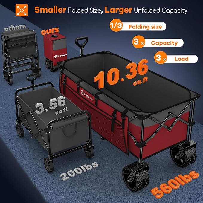 Originsure 300L Beach Wagon Cart Foldable with Big Wheels,560lbs,Grey&Red | 48" Folding Utility Wagon,7" All-Terrain Wheels,Heavy Duty Frame,Compact&Space-Saving,for Camping,Sports,Grocery,Garden
