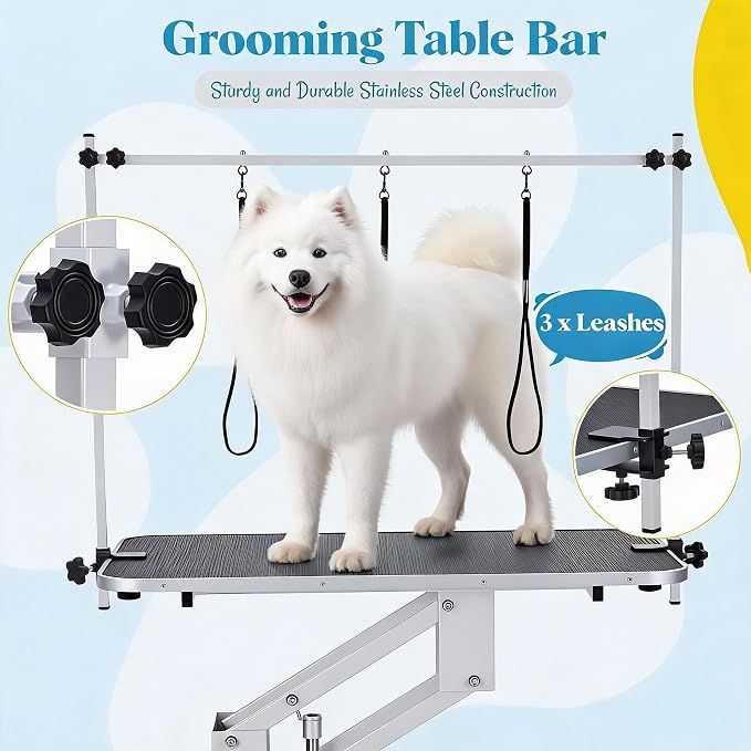 GarveeLife 43.3" Hydraulic Dog Grooming Table for Pet, Heavy Duty Structural Hydraulic Max Load 350Lbs Professional Pet Grooming Table with Adjustable Overhead Arm & Noose Height Range 22"-39" (White)