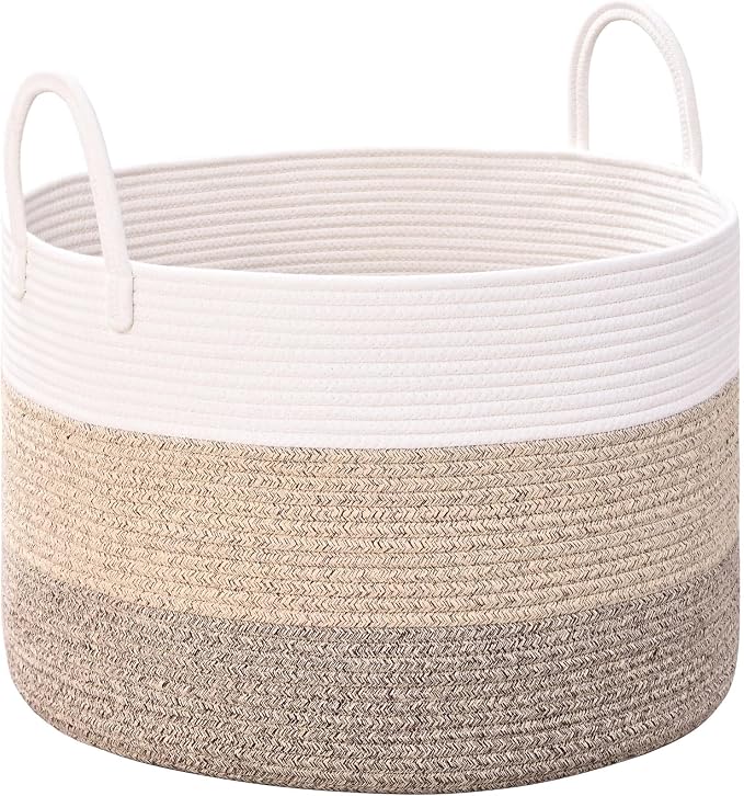 67L Large Woven Blanket Basket, Cotton Rope Baby Laundry Hamper with Handles, Kids Toy Basket for Classroom & Nursery, Soft Round Stuffed Animal Storage, Dog Toy Bin - 20"x13", Jute