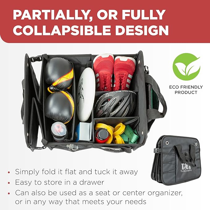 Car Trunk Organizer for SUV, Truck & Auto Cargo Storage, Foldable, Grey, XL | Fits Cars, SUVs & Trucks • 6 Adjustable Compartments • Non-Slip Base & Straps • XLCargo Storage • 11 Pockets • Travel Use