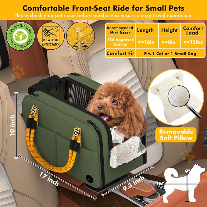 PAWZIDEA Center Console Dog Car Seat, Secure Straps & Anti Slip, Up to 12lb | Enclosed Small Dog Armrest Booster Car Seats, Anti-Collapse Portable Pet Carrier Soft-Sided, Removable Pillow &Storage Pocket
