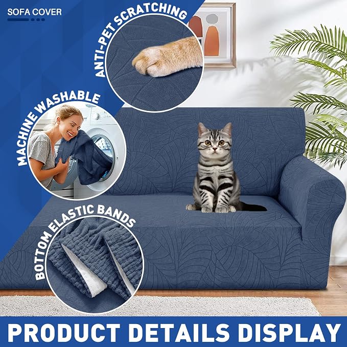 YEMYHOM Couch Cover Latest Jacquard Design High Stretch Sofa Chair Covers for Living Room, Pet Dog Cat Proof Armchair Slipcover Non Slip Magic Elastic Furniture Protector (Small, Begonia Leaf Navy)