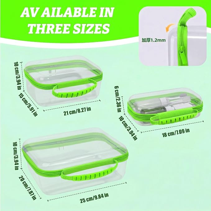 3 Pack Deep Clear Hard Shell Zipper Cases with Handle (Green) | Travel Toiletry Bag, Waterproof 1.2mm PET Hard Plastic Pouches, Organizer Box for Makeup, Toy, Snack, Stationery, Diaper