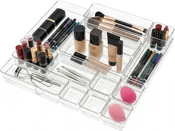 Clear Acrylic Makeup Organizer and Make Up Storage for Vanity - 4 Sizes Multi-layer Plastic Vanity Storage Organizer Bins and Drawer Divider Set - Makeup Drawer Organizer and Vanity Storage Bin