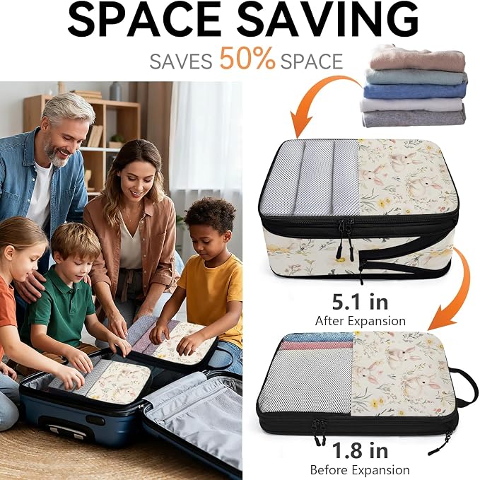 Floral Bunny 6 Set Compression Packing Cubes | Easter Rabbit Travel Accessories Expandable Packing Organizers Space Saver Bags for Organizing Clothes