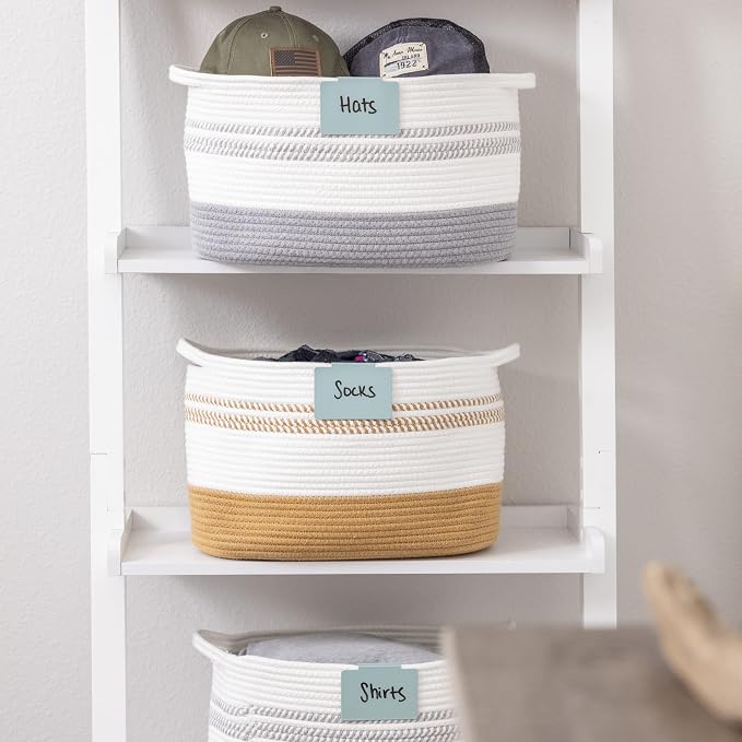 Hygge & Sage: Metal Bin Labels for Home Organization | Non-Slip Basket Clips for Storage Bins, Baskets, or Wire Racks | Includes 8 Labels, 8 Non-Slip Pads, and 2 Free Markers (Blue)