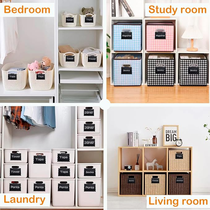 20 Reusable Basket Labels with Clip-On Design, Perfect for Kitchen and Closet Organization, Includes 2 White Chalk Markers