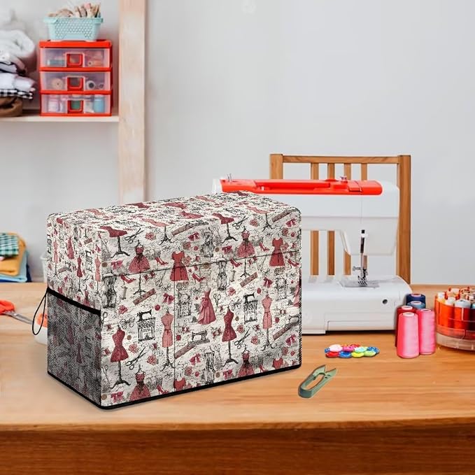 Retro Sewing Elements Sewing Machine Cover with Storage Pocket, 17.7 x 8.6 x 12.6 inches, Heavy-Duty Water-Resistant Fabric, Dust & Pet Hair Protection, Fits Brother, Singer, Janome