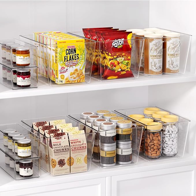 Set of 6 Pantry Organizers and Storage, Clear Plastic Bins(4L+2S) | BPA-free PETG storage containers with handles, Ideal for kitchen, fridge, bathroom, cabinet, office, and garage organization