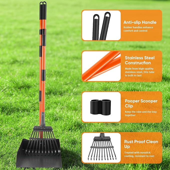 Pooper Scooper for Large Dogs, Heavy Duty Long Handle XL Metal Rake & Tray | Fits Multiple Pets,Stainless Steel, Rust-Proof, 38.5" Extended Reach, for Grass Dirt Gravel, Heavy Duty, No Bending Required