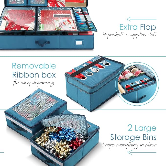 Hearth & Harbor Wrapping Paper Storage Container with Ribbon Dispenser and Interior Pockets - Large Christmas Storage Containers with Wheels, Fits 30 Rolls of 40" Length, Blue