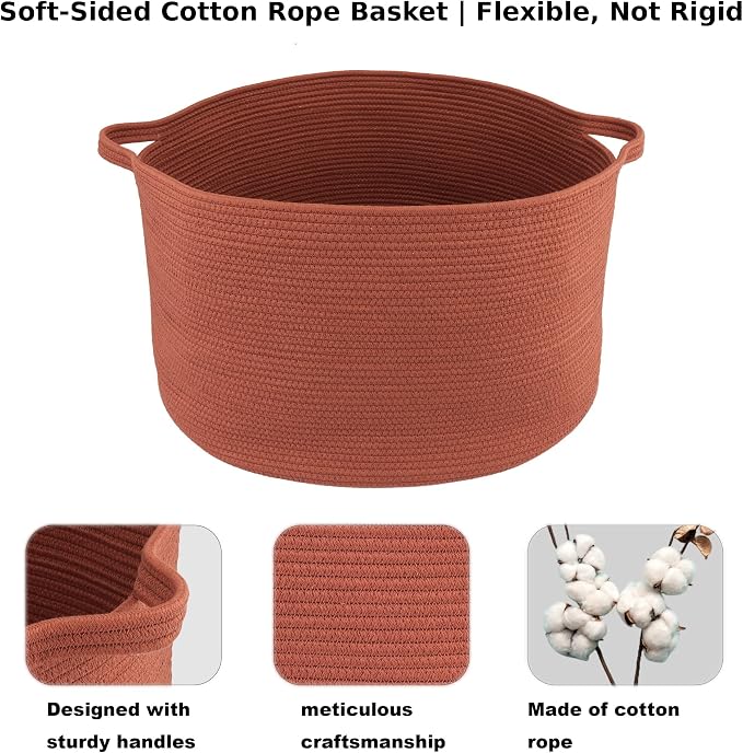 XUANGUO Extra Large Cotton Rope Round Storage Basket 22" x 14" Rustic | Woven basket for blankets, toys, towels, laundry, nursery, living room and pet toy storage.