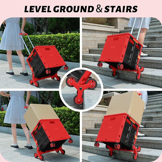 FELICON SELORSS Folding Utility Climber Cart Portable Rolling Crate-Red | Stair Climbing Wheels+360°Swivel Wheels,Telescoping Handle,Plastic Box Dolly for Travel Shop Move Laundry Office Teacher Use