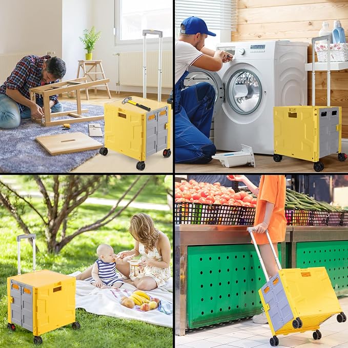 Foldable Shopping Utility Cart Portable Rolling Crate Handcart with 360°Rotate Wheel,Hidden Lid,Telescoping Handle Collapsible for Travel Shopping Moving Storage Office Use(Yellow/Gray)