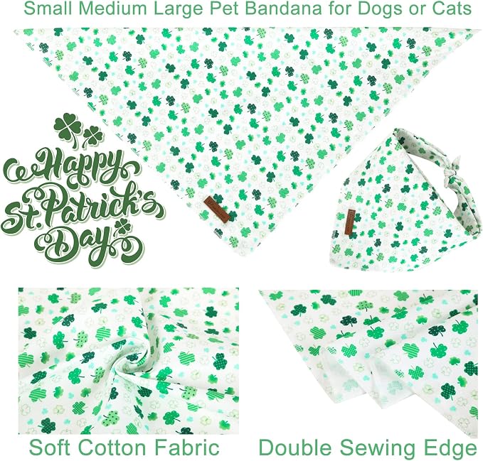 St. Patrick's Dog Bandana, Shamrock Triangle Bid Scarf for Small Medium Pets, Cotton Kerchief for Girl Boy Dogs or Cats, Cute Spring Green Puppy Bandana