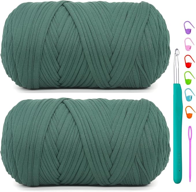 2 Pack Tshirt Yarn for Crochet,Dark Green T Shirt Soft Elastic Fabric Chunky Thick T-Shirt Crochet Yarn for Crocheting Knitting Beginner Hand Knitting Bag/DIY Craft/Home Decor 2 * 400G-Dark Green