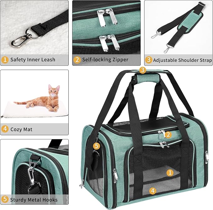 Soft-Sided Cat/Dog/Pet Carrier, Collapsible Pets Travel Carriers | for Big Cats/Small Dogs with Shoulder Strap & Removable Mat, Mesh Puppy Carry Bag,Up to 16 Lbs,TSA Airline Approved-Turquoise
