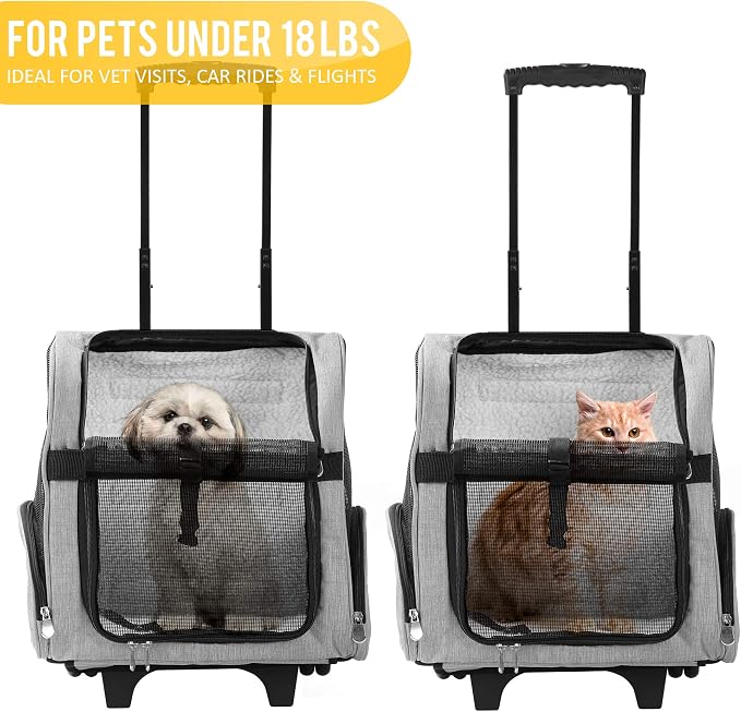 Deluxe Backpack Pet Travel Carrier with Double Wheels for Pets up to 18 Pounds - Grey