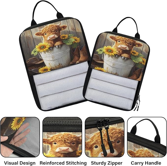 Highland Cow 6 Set Compression Packing Cubes Floral Sunflower Expandable Packing Organizer for Travel Accessories Luggage Suitcase Bag