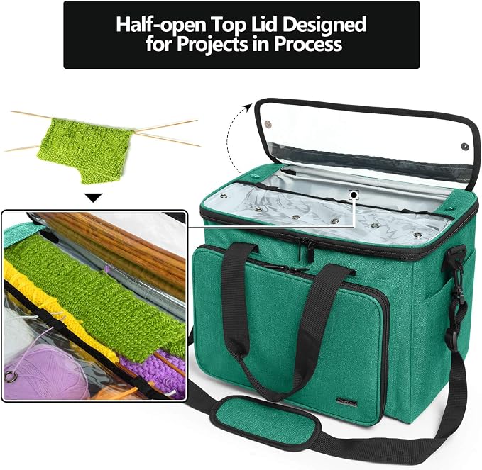 Teamoy Knitting Bag, Yarn Storage Organizer Crochet Bag Tote, Green | Yarn Holder with Inner Divider(Sewn to Bottom) for Crochet Hook, Knitting Needles(Up to 14"), Project and Crocheting Supplies