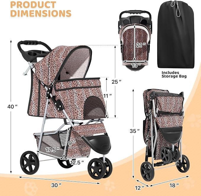 Magshion 3-Wheel Pet Stroller for Small/Medium Dogs & Cats, Up to 33lbs | Foldable Travel Jogger w/ Breathable Mesh Cover, Lightweight Design, Safety Tethers, Cup Holder & Storage Basket