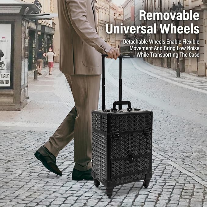 Rolling Makeup Train Case,Wheeled Manicure Storage Organizer | Makeup Travel Case with Wheels Salon Barber Case Traveling Cart Trunk for Cosmetologist Nail Tech Hairstylist
