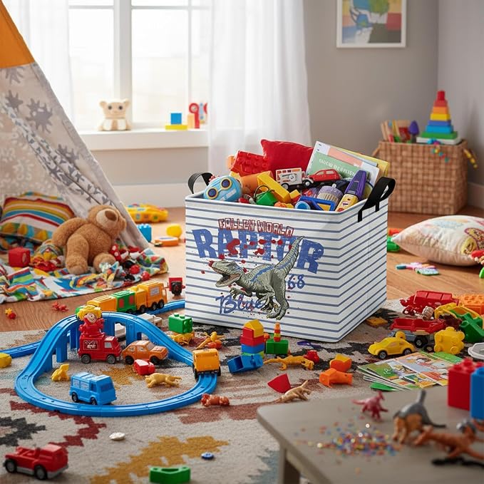 Kid Dinosaur Storage Basket, Blue Striped Tyrannosaurus Rex | Rectangular, Collapsible, Room Decor, Nursery Gift Basket, Baby
