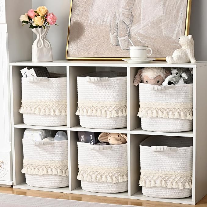 2 Pack Storage Basket for Shelves, Boho Cotton Rope Storage Bins with Heavy Tassel, Shelf Baskets Large Woven Baskets for Organizing, Cube Organizer Bins, Baby Laundry Basket for Clothes, Toys, Pets