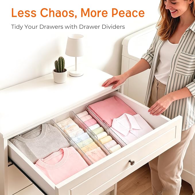 4" High Drawer Dividers for Clothes, 10.2"-16.5" Expandable 12 Pack | Adjustable Dresser Drawer Organizer, Clear Separators for Closet, Baby Clothing, Socks & Underwear Storage, Space Saving
