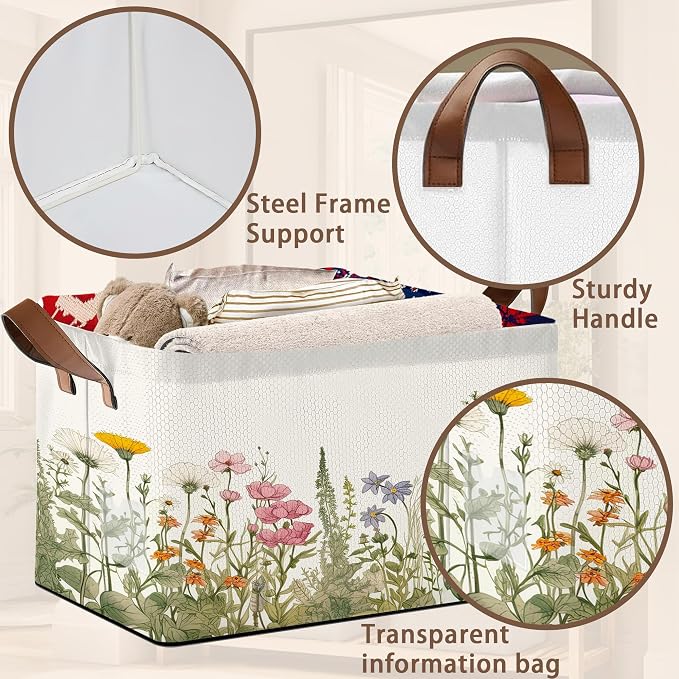 Floral Meadow Storage Basket Large 17x11.5x10.5 Inche-Collapsible Fabric Organizer Bin with Handles for Garden Party, Boho Decor, Living Room-Decorative Hamper with Field Flower Pattern-Single Pack
