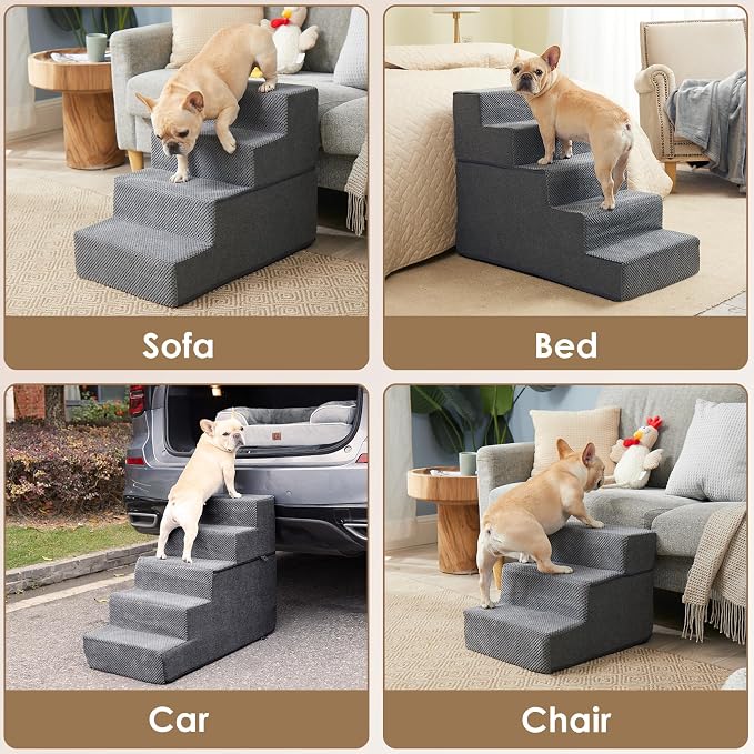 EHEYCIGA Dog Stairs for Bed 18" H, 4-Step Dog Steps for High Bed, Grey | Pet Steps for Small Dogs and Cats, Non-Slip Balanced Pet Ramp Indoor