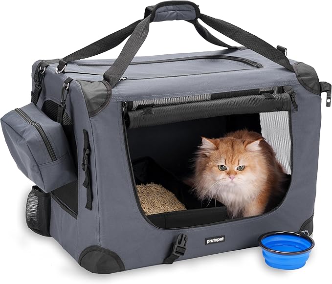 Prutapet Large Cat Carrier 24"x16.5"x16.5" Soft-Sided Portable Pet Crate for Car Traveling with Collapsible Litter Box and Bowl