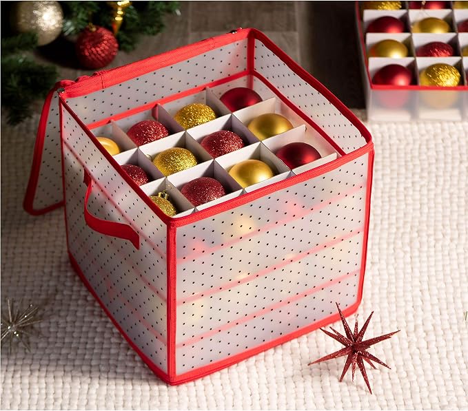 ZOBER Christmas Ornament Storage Box Plastic - Stores 64 3" Ornaments with Individual Trays - Ornament Organizer Storage Box, Durable Christmas Containers Holder - Red