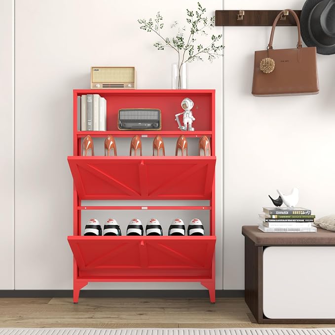 Shoe Cabinet with 2 Flip Drawers, Narrow Shoe Storage Cabinet, Farmhouse Shoe Organizer, Freestanding Organizer with Metal Legs for Entryway, Foyer (Red, 2 Door)