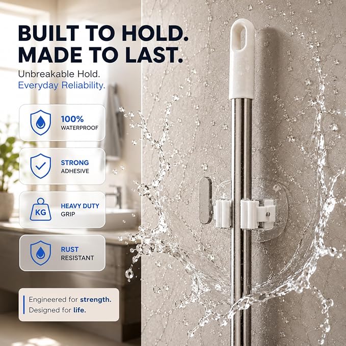 Mop Holder Wall Mount Pack of 2, Self Adhesive Broom Holder, Waterproof No Drilling Organizer for Mop, Brush & Cleaning Tools, Bathroom, Kitchen & Laundry