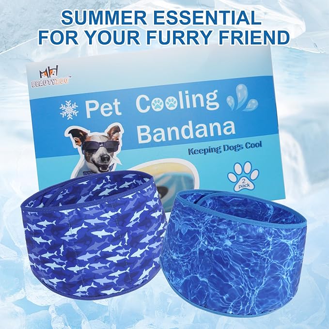 BEAUTYZOO Dog Cooling Bandana for Medium Large Dogs, 2 Pack Instant Cooling Bandanas Breathable Cooling Ice Towel Neck Wraps, Pet Scarf Keep Dogs Cool in Hot Summer,Shark S
